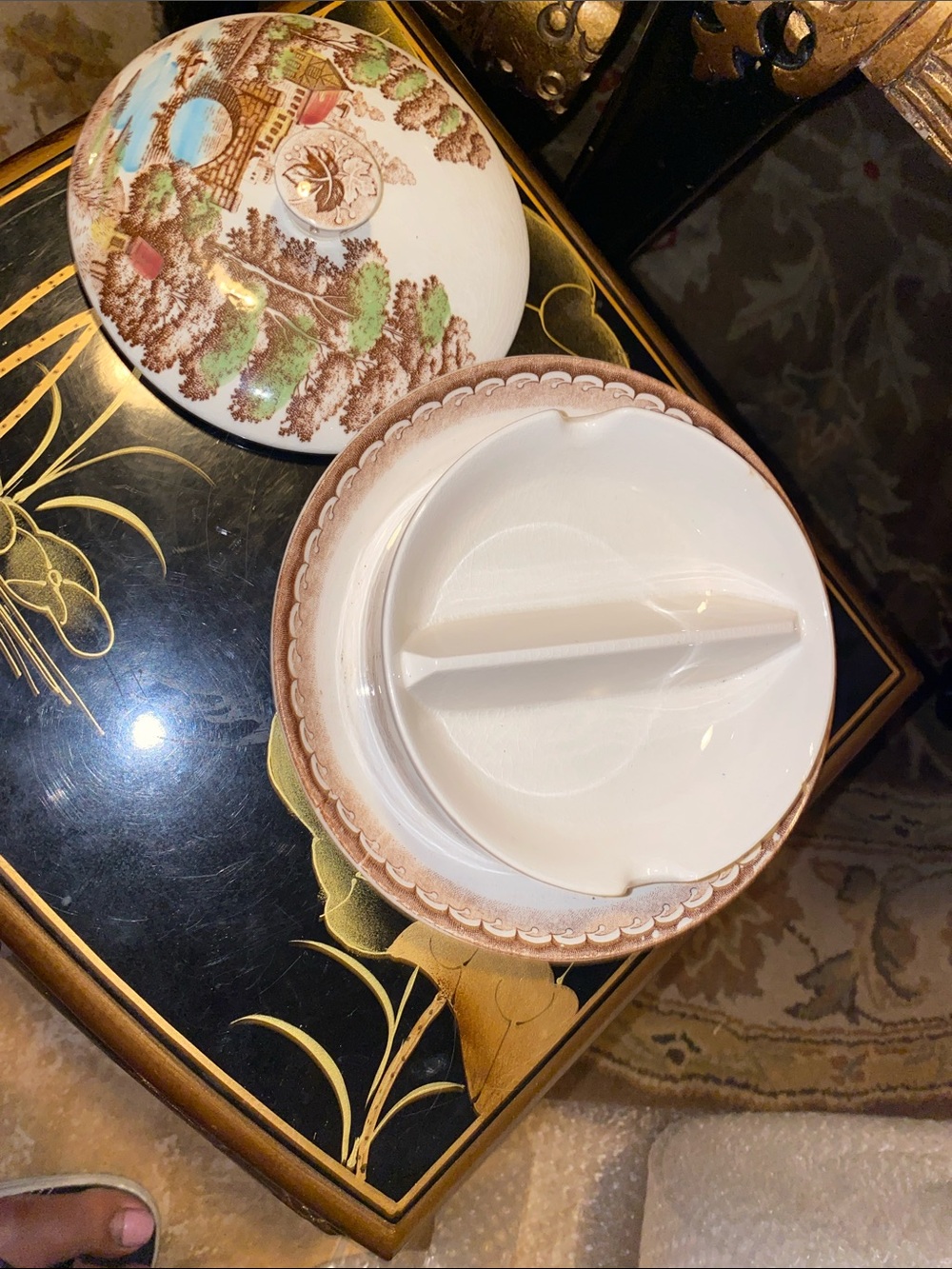 Vintage Nasco Porcelain Covered  Dish with Scenic Transferware Lid